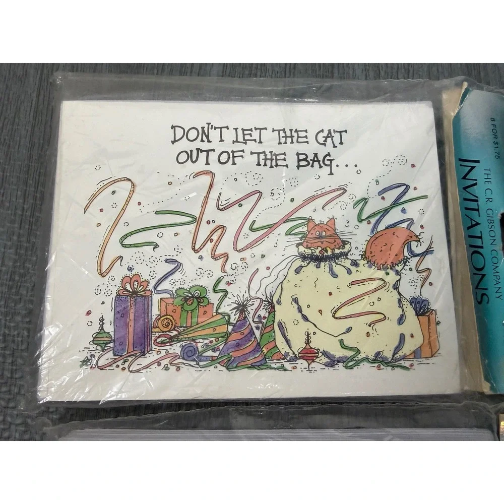 NEW CR Gibson Surprise Party Invitations 16 White Cat Out of the Bag Vintage 90s